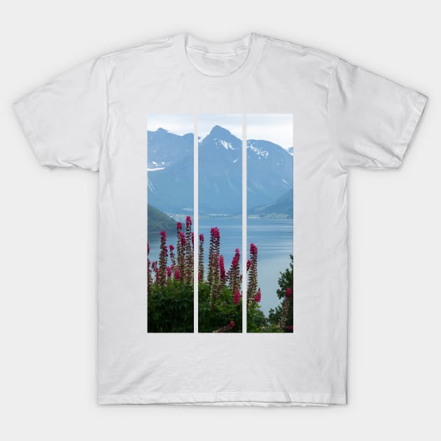 Wonderful landscapes in Norway. Vestland. Beautiful scenery of Romsdal Fjord from the Torvikeidet village. Nice flower composition in foreground. Snowed mountains Summer cloudy day (vertical) T-Shirt by fabbroni-art